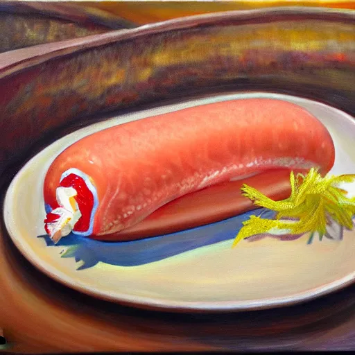 Image similar to oil on canvas, half fish half sausage on a plate. sausage with the fins of a fish