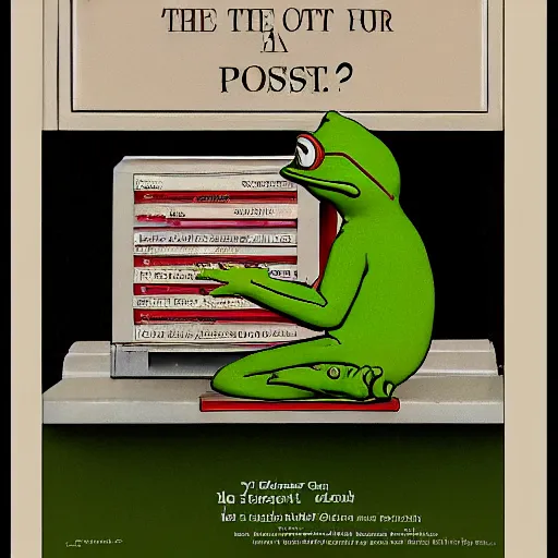Image similar to pepe the frog at the post office by norman rockwell