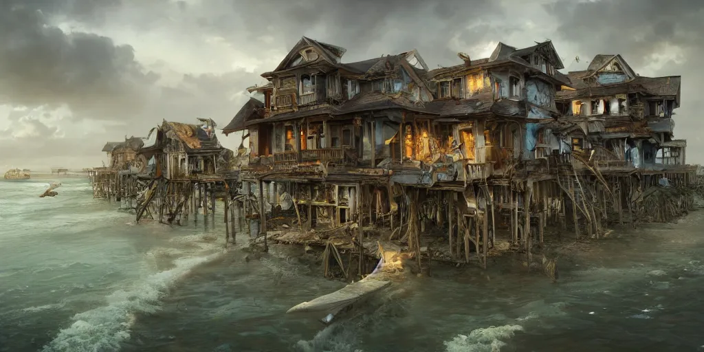 Prompt: a hyperrealistic render of dilapidated houses on stilts half collapsed on the sea shore, outdoor, art by Artgerm and Greg Rutkowski and Alphonse Mucha, hearthstone art style, epic fantasty card game art, Beautiful dynamic dramatic moody lighting, shadows, cinematic, Octane, 8K