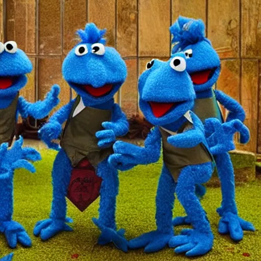 Prompt: blue muppets army, fighting : : red muppet army