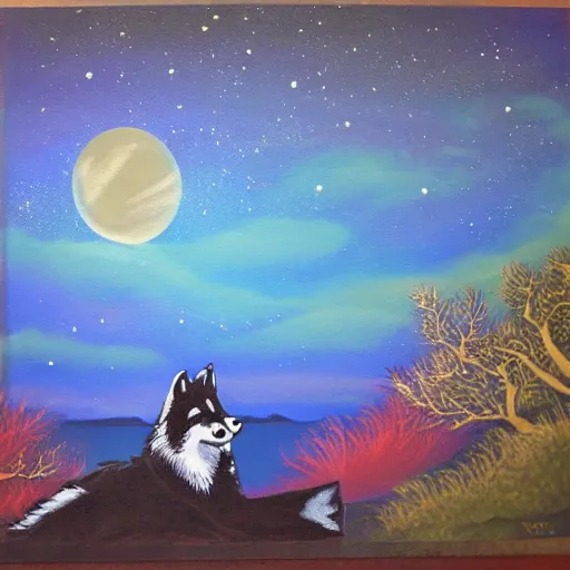 Prompt: wolf okami resting under a sky full of stars, by a deep!! river, calm, acrylic on canvas