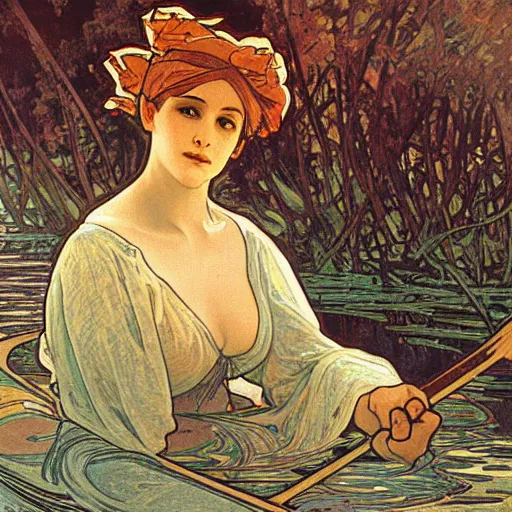 Prompt: canoe in a river, alphonse mucha, twilight