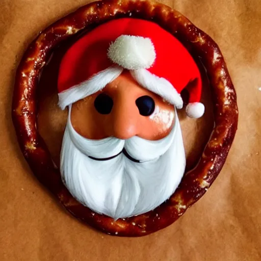 Prompt: i took this photo of a pretzel that surprisingly looks a lot like santa claus.