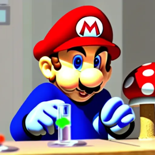 Image similar to Mario in lab doing experiments with his mushroom