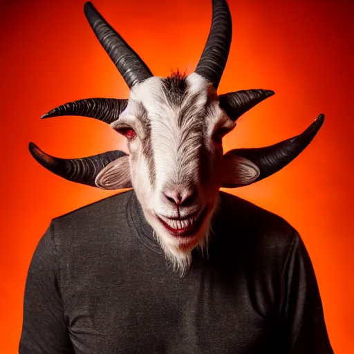 Prompt: a man with small goat horns growing from his head. glowing red eyes and sharp teeth. portrait photography, studio lighting, cinematic, chilling 4 k