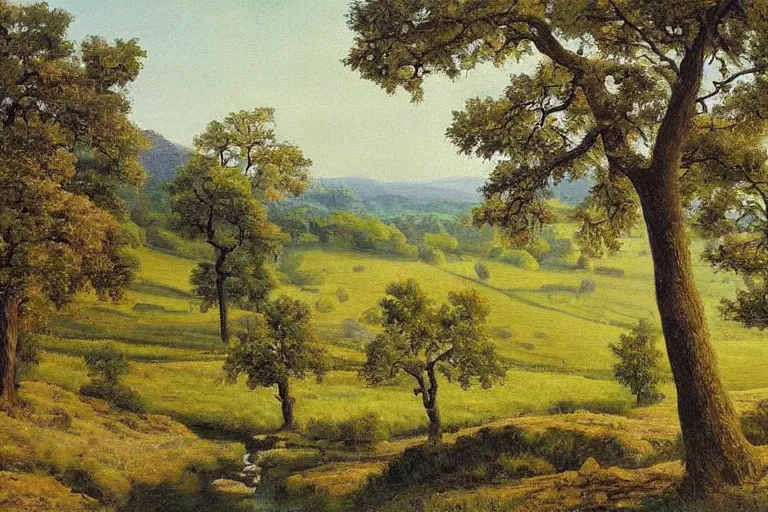 Image similar to masterpiece painting of oak trees on a hillside overlooking a creek, by arkady rylov