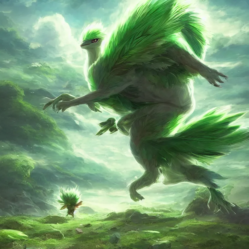 Image similar to a cute beautiful earth type pokemon, green feathers bursting out of his hair, full body shot, highly detailed digital art, 3 d perspective, award - winning illustration, aesthetic, smooth, pokemon style, made by greg rutkowski, with an alien landscape in the background