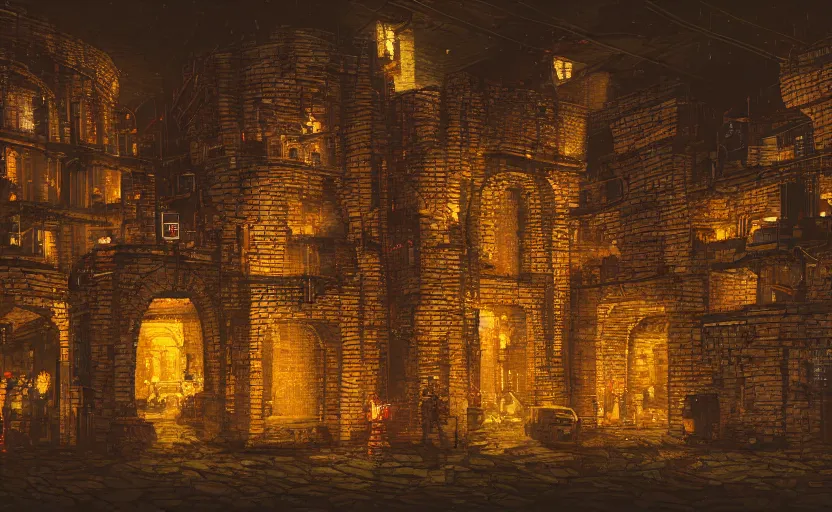 Image similar to a cyberpunk medieval castle, stone brick walls, vincent lefevre, neon lights