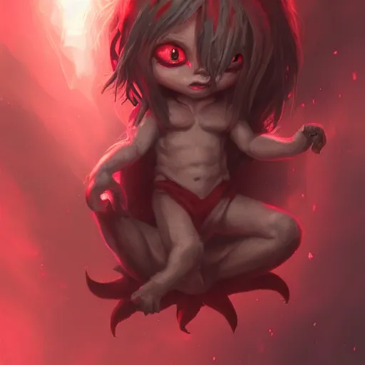 Prompt: tiny small cute demon held between palms of hands ,RED color scheme , fully detailed, atmospheric, volumetric lightening, beautiful , deviant art, artstation