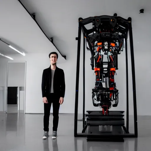 Prompt: A human with matt hyper modern clothing infront of a big symmetrical complex Machine in a modern matt dimm lit semi-minimal hall. The machine is capable of moving.