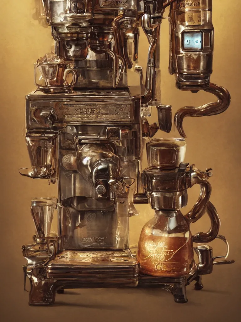 Image similar to product photography of an ancient coffee machine, by Simon Stalenhaag, by Yoshita Amano, by Esao Andrews, sharp focus, fresh colors, conceptart, trending on artstation