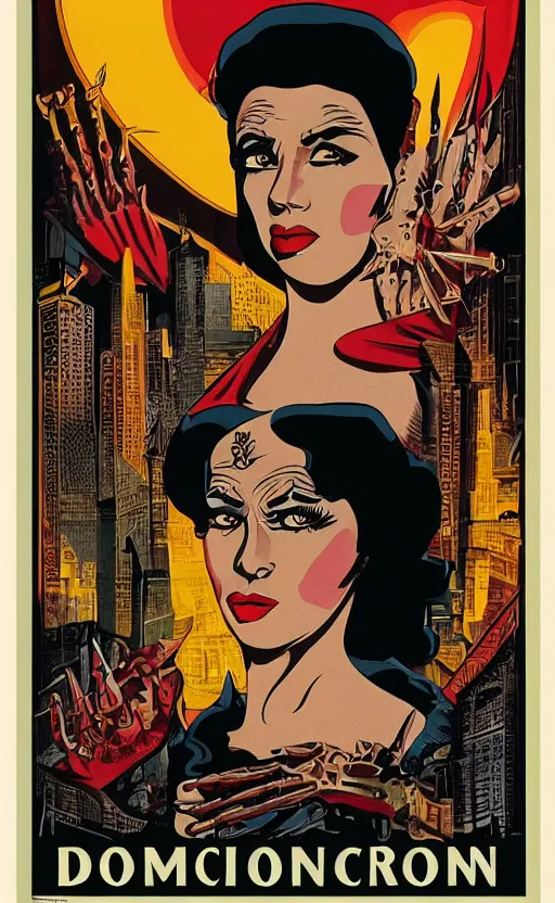 Image similar to 8 k cursed with necronomicon horrorcore cel animation poster depicting dominican woman with sharp nails, intricate faces, metropolis, 1 9 5 0 s movie poster, post - processing, vector art