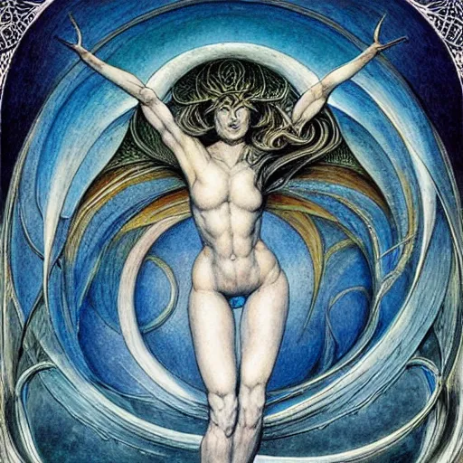 Image similar to most beautiful silk brethren, azure milieu of desert of reality, unhinged logos in the style of william blake, terese nielsen, detailed, intricate, beautiful faces, extremely detailed and aesthetic, steve argyle, pastoral fantastic reality