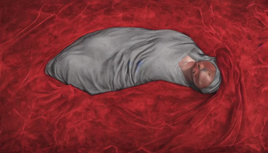 Image similar to rendering of invisible man wrapped in red velvet sheet. surrounded by darkness
