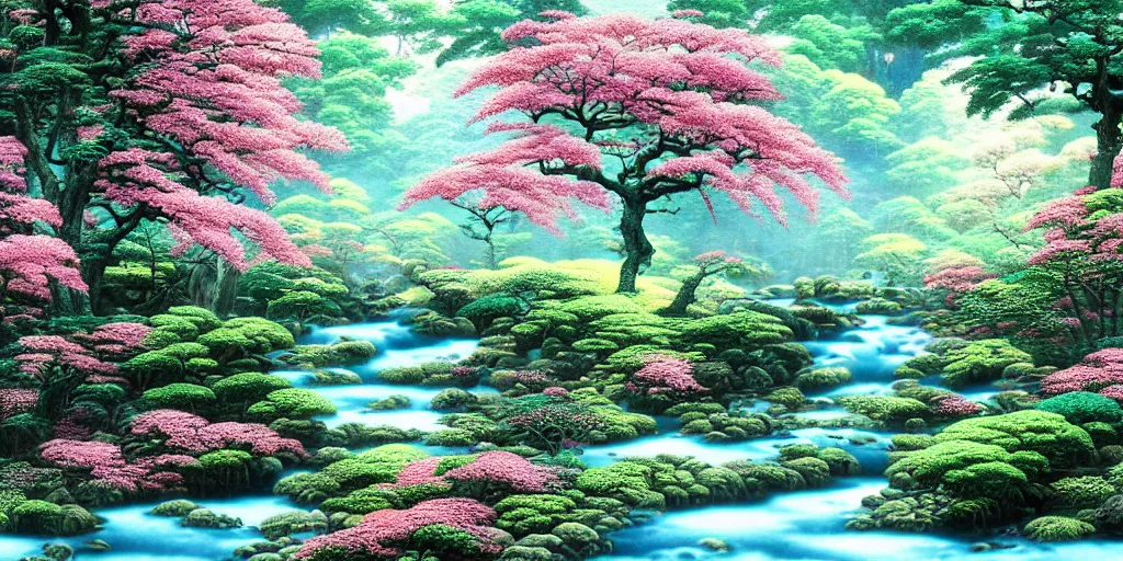 Prompt: Breath-taking beautiful trees, streams, flowers, and mist, An aesthetically pleasing, dynamic, energetic, lively, complex, intricate, detailed, well-designed digital art of trees, streams, flowers, and mist, early morning, light and shadow, overlaid with aizome patterns, Ukiyo-e and oil paint mixed media by Thomas Kinkade and Bob Ross, traditional Japanese colors, superior quality, masterpiece, featured, trending, award winning, HDR, HD, UHD, 4K, 8K, anamorphic widescreen