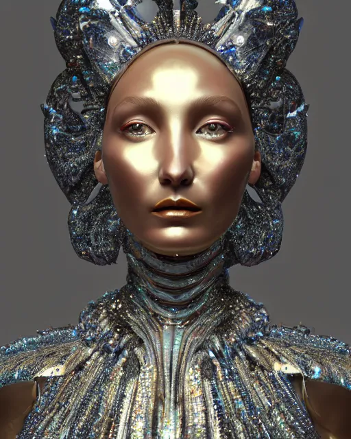 Prompt: a highly detailed metahuman 4 k close up render of an alien goddess bella hadid statue in iris van herpen dress schiaparelli in diamonds crystals swarovski and jewelry iridescent in style of alphonse mucha gustav klimt trending on artstation made in unreal engine 4