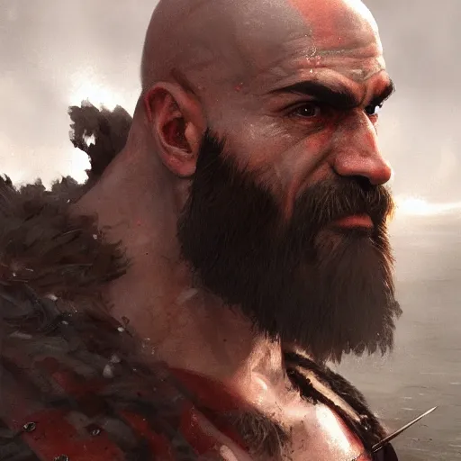 Image similar to kratos closeup portrait, dramatic light, lake background, 2 0 0 mm focal length, painted by stanley lau, painted by greg rutkowski, painted by stanley artgerm, digital art, trending on artstation