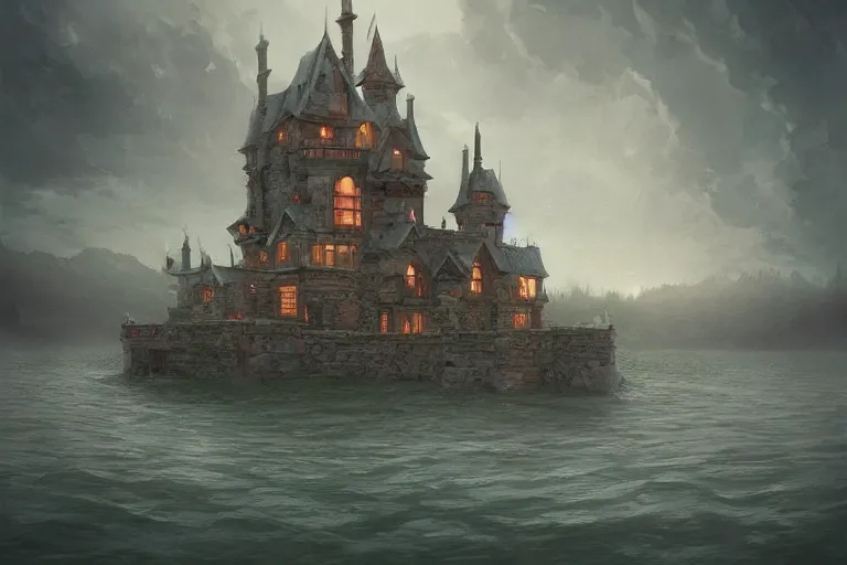 Prompt: a mysterious castle floating in the middle of a vast lake by a wooden cabin by a farm, ultra realistic by sabbas apterus