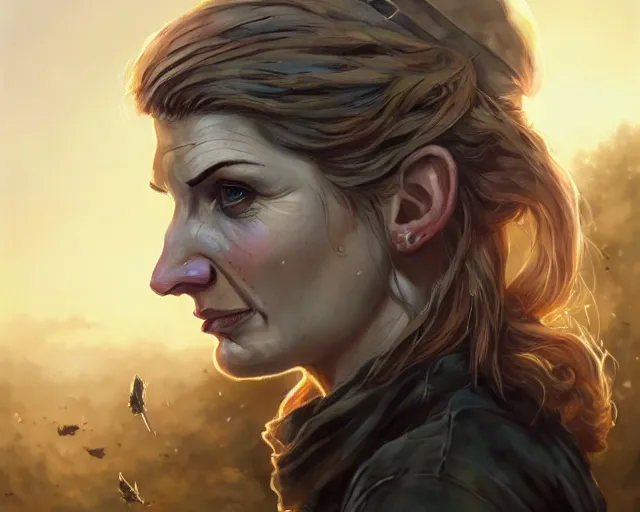 Image similar to highly detailed portrait of jodie whittaker, in the walking dead, stephen bliss, unreal engine, fantasy art by greg rutkowski, loish, rhads, ferdinand knab, makoto shinkai and lois van baarle, ilya kuvshinov, rossdraws, tom bagshaw, global illumination, radiant light, detailed and intricate environment