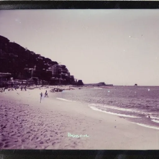 Prompt: an old polaroid photo of the cannes beach