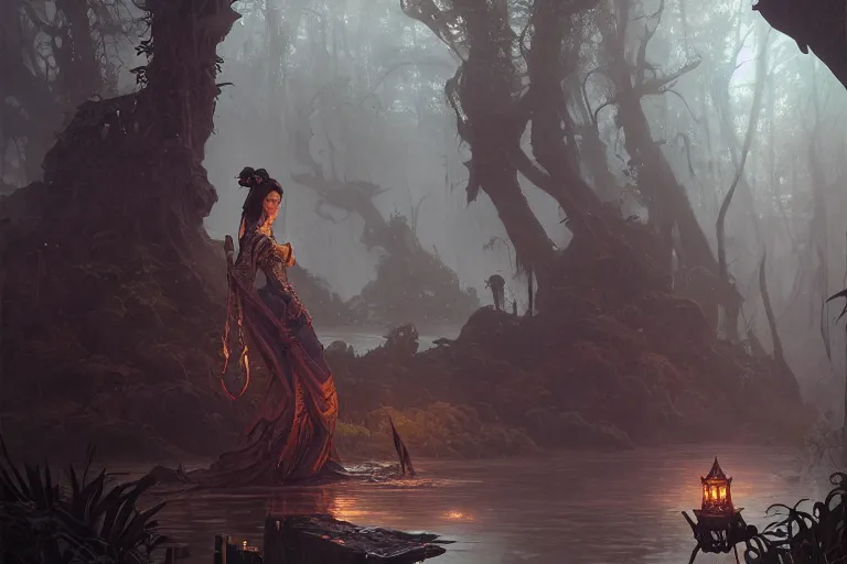 Image similar to old forgotten kingdom surrounded by murky swamps, deep focus, d & d, fantasy, intricate, elegant, highly detailed, digital painting, artstation, concept art, matte, sharp focus, illustration, hearthstone, art by greg rutkowski and alphonse mucha and andreas rocha