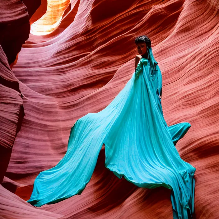 Image similar to closeup portrait of a woman wrapped in turquoise fiber, standing in antelope canyon in arizona, color photograph, by vincent desiderio, canon eos c 3 0 0, ƒ 1. 8, 3 5 mm, 8 k, medium - format print