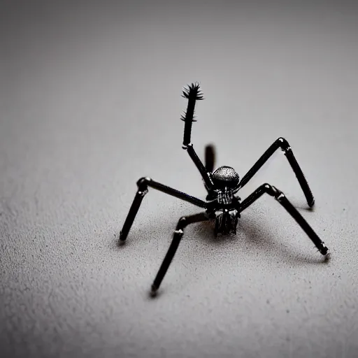 Prompt: macro photograph of a miniature mechanical spider made of silver