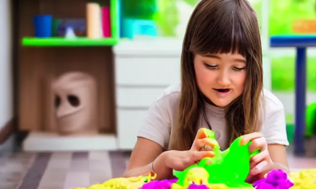 Image similar to kid playing with slime monster, realistic, toy commercial photo