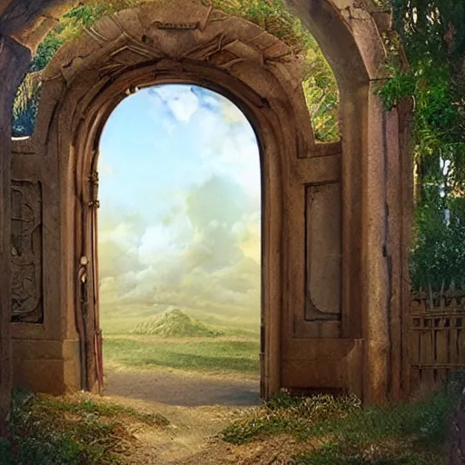 Image similar to beautiful matte painting of the doorway to another dimenstion, fantasy