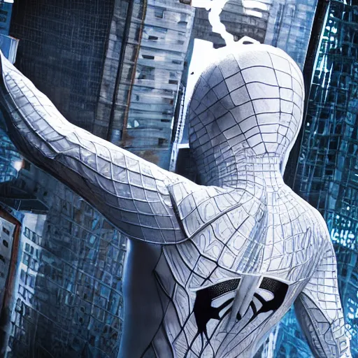 Image similar to white spider - man suit with black web lining, cinematic, volumetric lighting, realistic, hyperdetailed, photorealistic, photograph