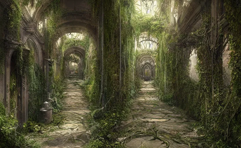 Image similar to Overgrown hallway, immaculate scale, matte painting, digital art, trending on Artstation, hyper-realistic, detailed, ultra detailed