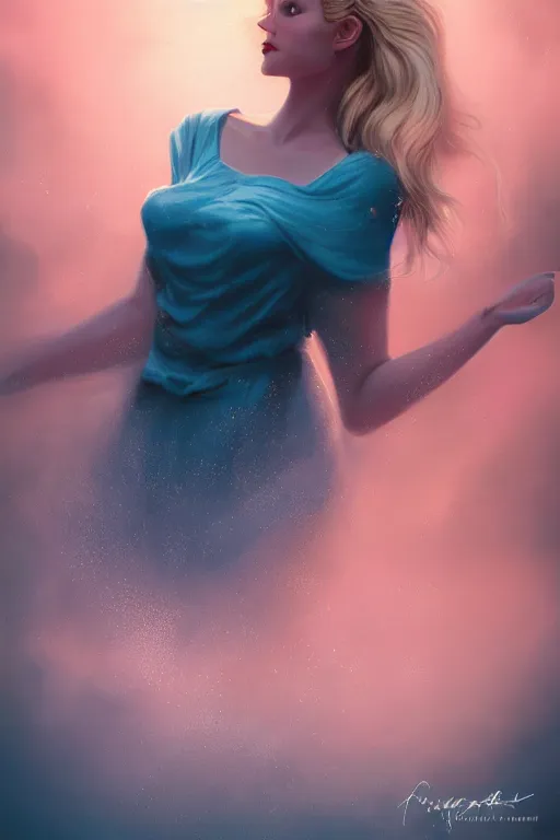 Image similar to detailed portrait of a beautiful blonde haired woman with sparkling blue eyes, elegant, blue cotton dress, background is a fountain in the park, in the style of peter mohrbacher, artgerm, dramatic lighting and composition, pink fog background, octane render, trending on artstation, concept art 8 k