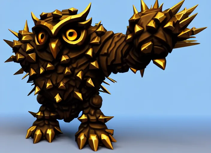 Image similar to owlbear, with metallic spiked shoulder pauldrons, stylized stl fantasy miniature, 3 d render, activision blizzard style, hearthstone style