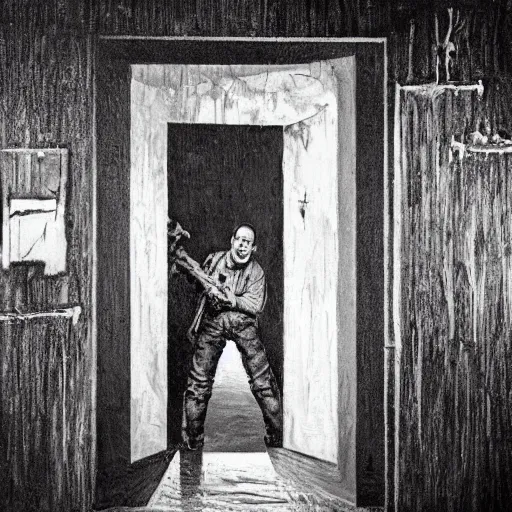 Image similar to Ted Cruz with a wide grin wielding a chainsaw peaking through a door in the distance at the end of a narrow corridor, black and white, creepy lighting, scary, horror, ornate, eerie, fear, oil painting