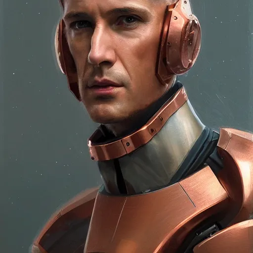 Prompt: Portrait of a man by Greg Rutkowski, he is about 40 years old, short copper hair, attractive, military composure, younger brother vibes, expression of sorrow and disbelief, he is wearing futuristic space tactical suit, highly detailed portrait, digital painting, artstation, concept art, smooth, sharp foccus ilustration, Artstation HQ.