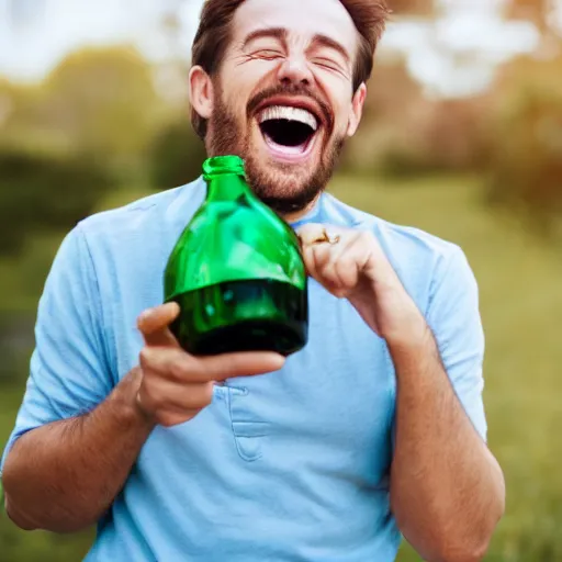 Prompt: stock photo of a man laughing at a green bottle