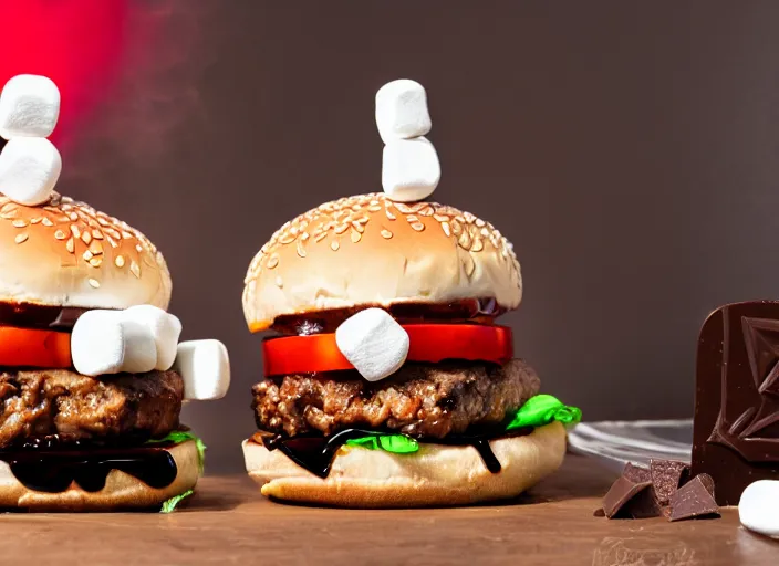 Prompt: dslr food photograph of burger with marshmallows in it, chocolate sauce, 8 5 mm f 1. 8