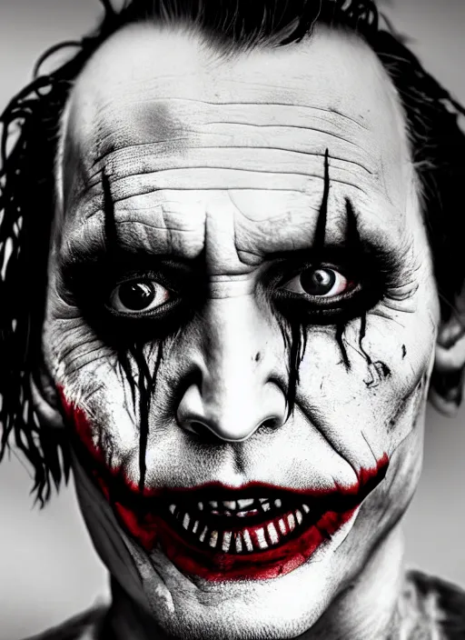 Prompt: photo of Johnny Depp as the Joker by Lee Jeffries , big smile, head shot, detailed, award winning, Sony a7R