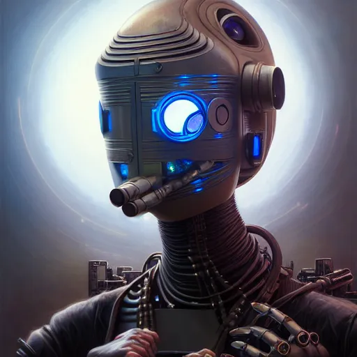 Image similar to front shot of a cyberpunk gazmask robot character, intricate, elegant, highly detailed, centered, digital painting, artstation, concept art, smooth, sharp focus, illustration, artgerm, Tomasz Alen Kopera, Peter Mohrbacher, donato giancola, Joseph Christian Leyendecker, WLOP, Boris Vallejo