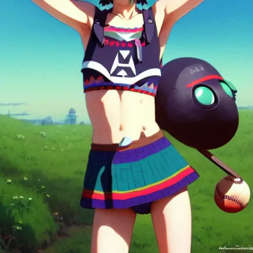 Image similar to beautiful boyish natalie portman gravure model in majora's mask, wearing wooden mask and baseball cap and leotard, street wear with subtle mayan patterns, aztec bathing suit, gapmoe yandere grimdark, trending on pixiv fanbox, painted by greg rutkowski makoto shinkai takashi takeuchi studio ghibli, akihiko yoshida