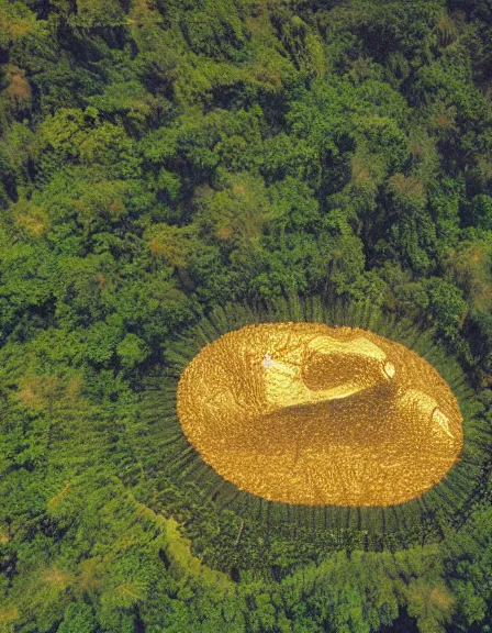 Prompt: vintage color photo of aerial view of a giant 1 1 0 million years old abstract structure made of light beams and liquid gold covered by the jungle vines