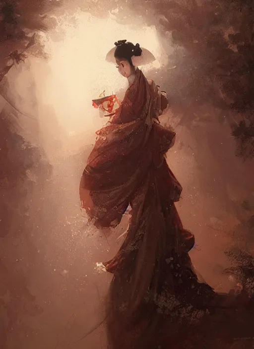 Image similar to female geisha girl, beautiful face, rule of thirds, intricate outfit, spotlight, by justin gerard, by greg rutkowski, by jeremy mann, digital painting