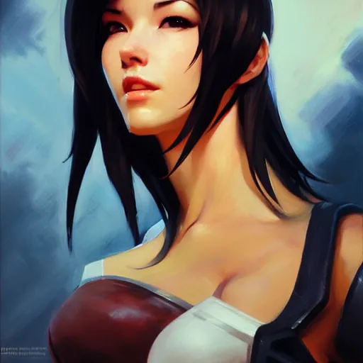 Prompt: Greg Manchess portrait painting o Tifa Lockheart as Overwatch character, medium shot, asymmetrical, profile picture, Organic Painting, sunny day, Matte Painting, bold shapes, hard edges, street art, trending on artstation, by Huang Guangjian and Gil Elvgren and Sachin Teng