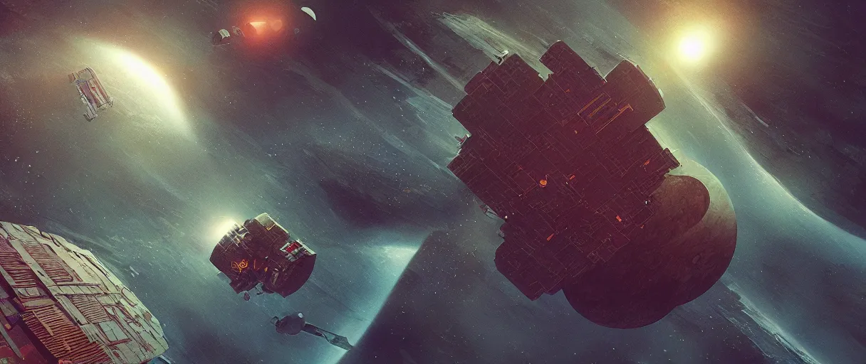 Image similar to illustration, a single small spaceship, deep space exploration, alone, the expanse tv series, industrial design, intergalactic, cinematic lighting, 4k, greebles, widescreen, wide angle, sharp and blocky shapes, rich colors, beksinski