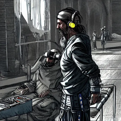 Image similar to Xerxes the Beggar priest with cyberpunk headset in a busy spaceport on Poseidon 5 colony. Gritty Concept art by James Gurney.