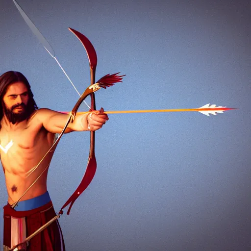 Image similar to Jesus Christ as Rambo holding a Bow and Flaming Arrow, full body, photography, 4K