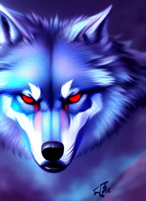 Image similar to blue wolf, red eyes highly detailed, deep focus, digital painting, smooth, sharp focus, anime art style, trending on artstation, 4 k