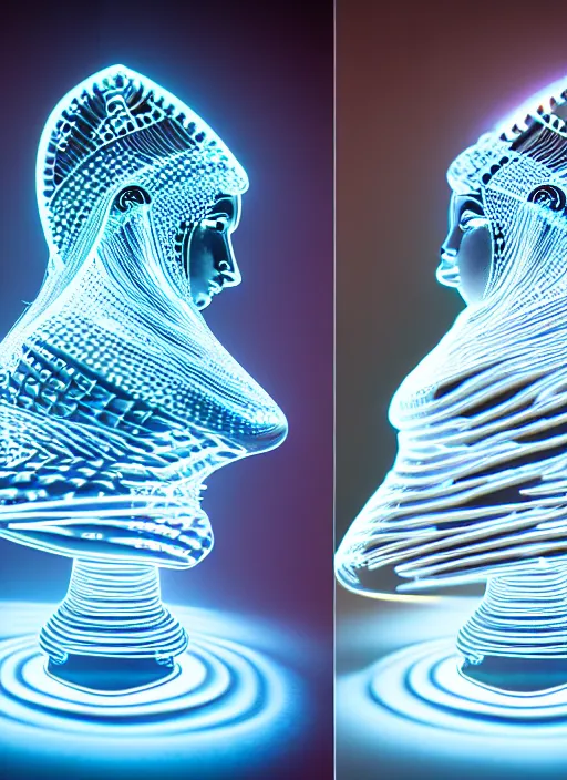 Prompt: ( beautiful queen chess piece ( top is bioluminescence ) ( bottom is parametric ) ), reflection of led lights, algorithmic, intricate detail, futuristic, very detailed, highly detailed background, sharpfocus, photorealism, soft diffuse autumn lights, some sun light ray, dark room wall, canon 5 d 5 0 mm lens