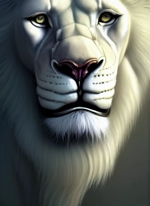 Prompt: an anthromorphic male white lion, diffuse lighting, fantasy, highly detailed, photorealistic, digital painting, artstation, illustration, concept art, smooth, sharp focus, in the style of tom bagshaw