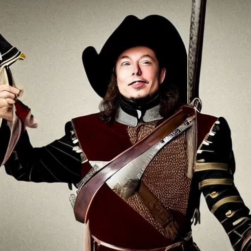 Image similar to photo of elon musk in the shape of a musketeer, he has a big black hat and holds a shiny sword